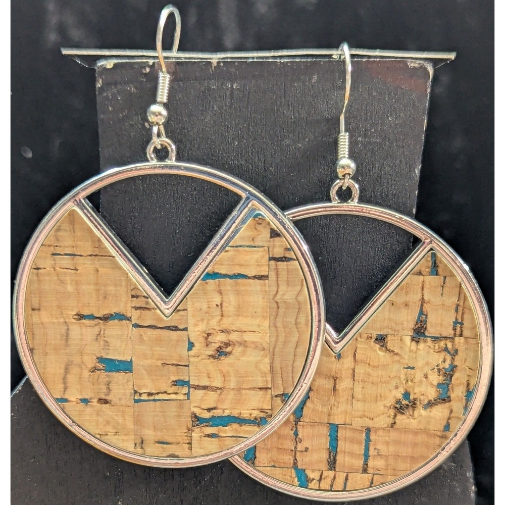 New Round Cork Teal Earrings Geometric Dangle SilverTone Chevron Hoop 1.75" Boho